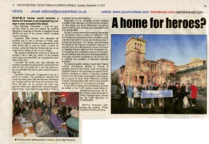Press cutting from the Ayr Advertiser reporting on the Public Meeting held in Ayr on 1 December 2012 including a photograph of the campaigners outside Seafield House and a photograph of people in the meeting.