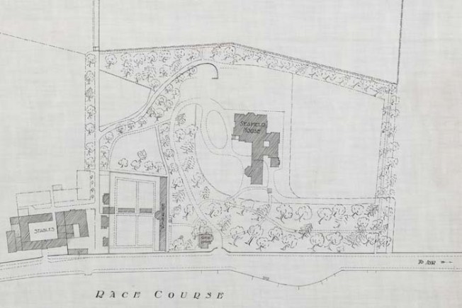 Black and white architects drawing of seafield house, outbuildings and lands surrounding