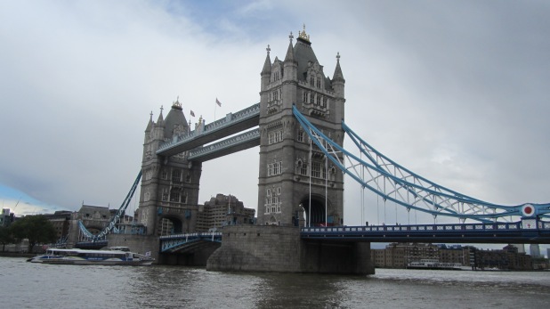 Colour photograph of Tower Bridge showing the central towers, bascules and side spans.