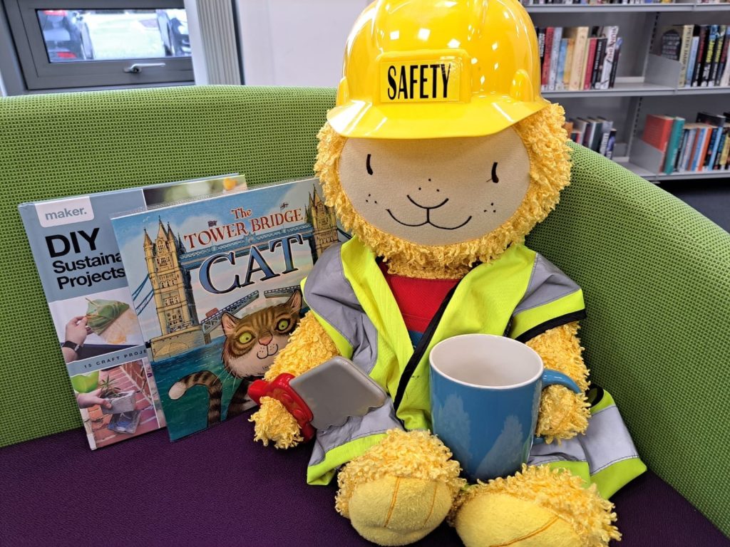 Bookbug soft toy wearing a high viz waistcoat and hard hat, sitting next to two books, DIY projects and The Tower Bridge Cat
